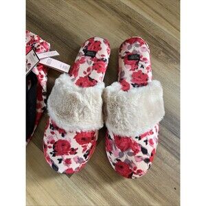 NWT Victorias Secret Fuzzy Floral Rose Satin Soft Bedroom Slippers Slides Sz L